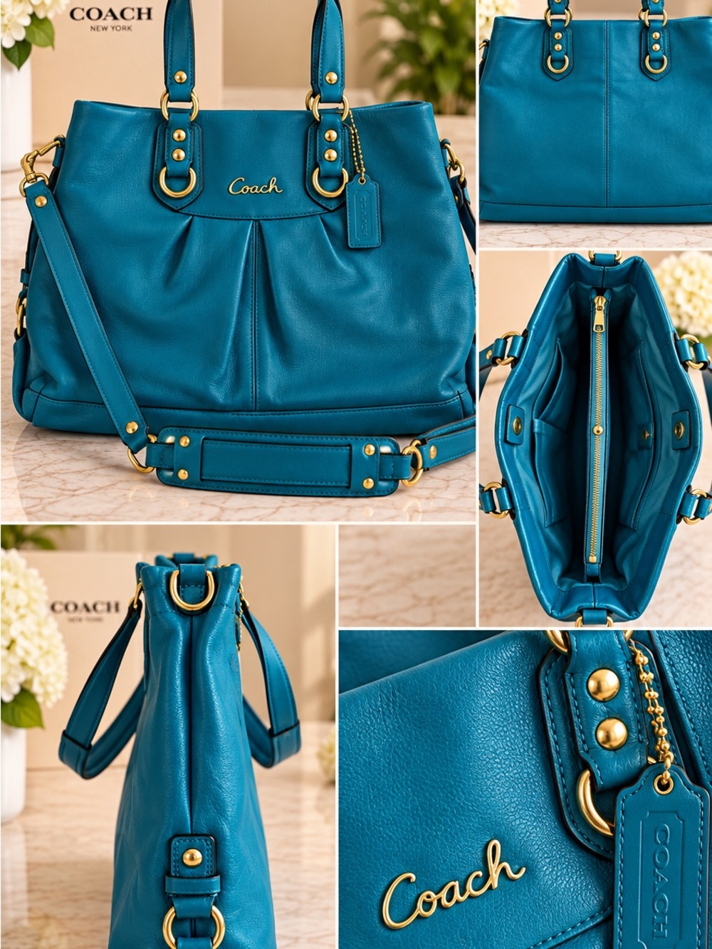 NWT Coach Ashley Teal Leather Carryall Satchel Crossbody F15513